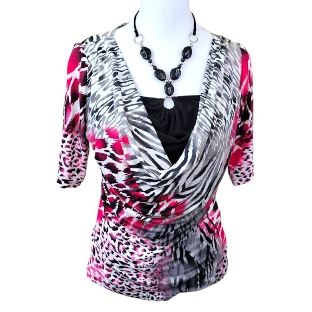 Conrad C Collection Short Sleeve Halter Insert Multicolor Animal Print Top Sz M